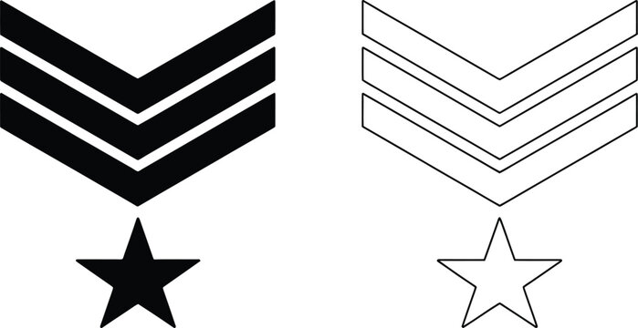 Military rank insignia symbols, chevron and star icons representing army hierarchy officer ranks and defense authority concepts.