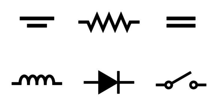 Electrical Circuit Symbols Set: Resistor, Inductor, Diode, Switch, Ground, Parallel Lines for Schematic Diagrams and Engineering Projects