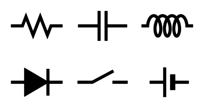 Electronic Circuit Symbols Vector Set: Resistor, Capacitor, Inductor, Diode, Switch, Battery Icons for Schematic Diagrams and Technical Illustrations