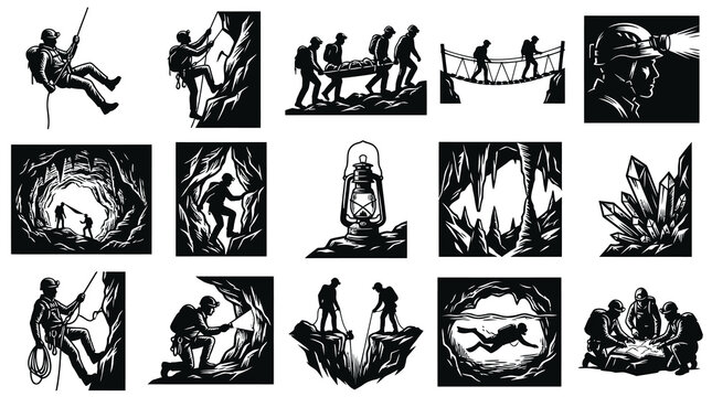 Adventure Exploration, Caving, Climbing  Mining Black and White Graphic Vector Illustrations Collection