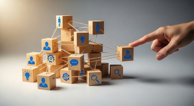 Hand placing digital icon block in creative stack