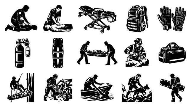 Emergency Medical Services and Rescue Vector Glyph Icons Set: Paramedics, First Aid, and Equipment