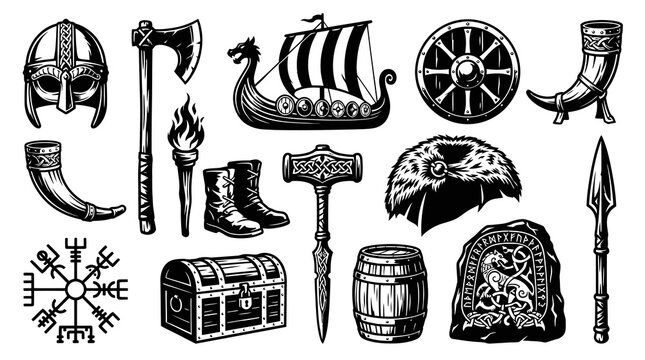 Black and White Line Art Set of Viking Culture Elements, Norse Mythology Symbols and Historical Objects