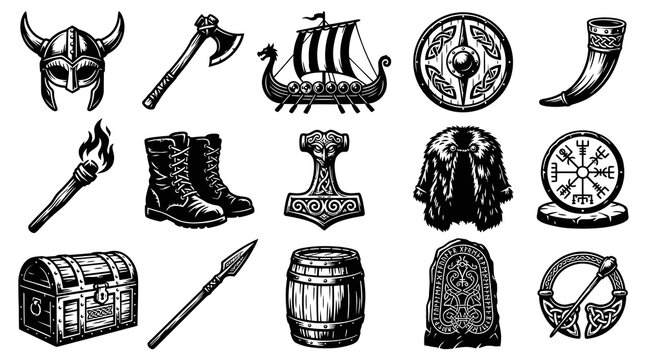 Viking Vector Icons: Helmet, Axe, Ship, Boots, Thor Hammer, Fur Coat, Shield, Horn, Torch
