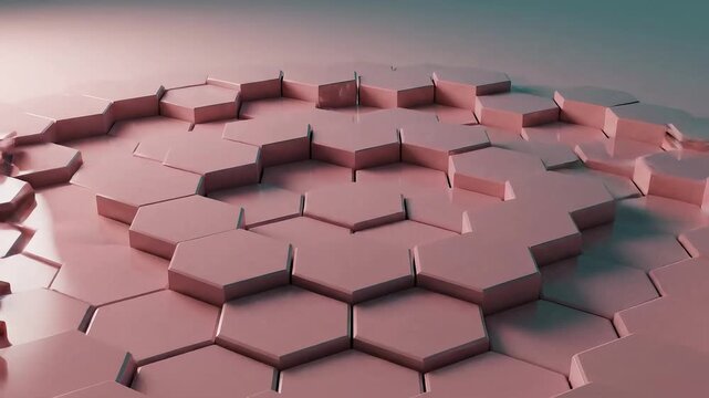 Abstract 3d arrangement of pink hexagonal tiles forming concentric raised rings on a smooth surface