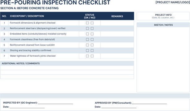 Pre-Pouring Inspection Checklist Template for Concrete Casting, Quality Control Form for Civil Engineering and Construction Management, Landscape Layout Vector EPS 10