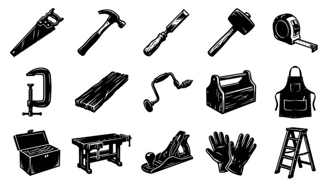 Monochrome Hand-Drawn Woodworking  Carpentry Tools Icon Set Collection - Black  White Line Art Vector
