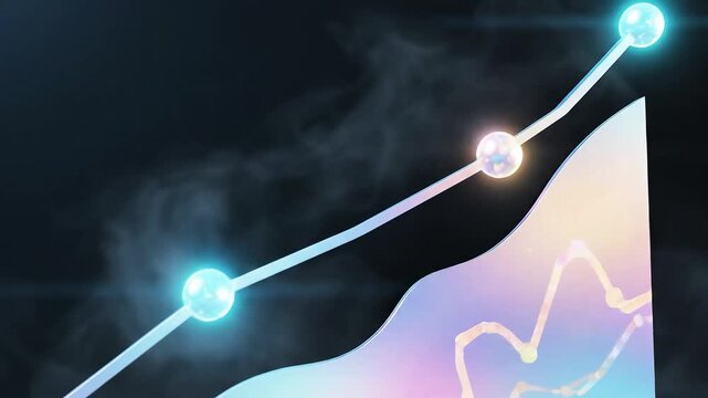 Abstract glowing line graph with orb markers rising over a pastel, iridescent area chart against dark smoky background