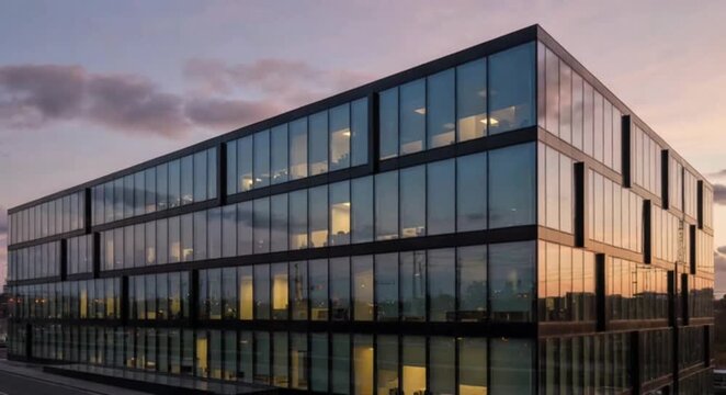 Modern glass office building facade at sunset with glowing interior lights and twilight sky reflections