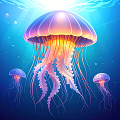 Vibrant jellyfish swimming in ocean. © Vuny