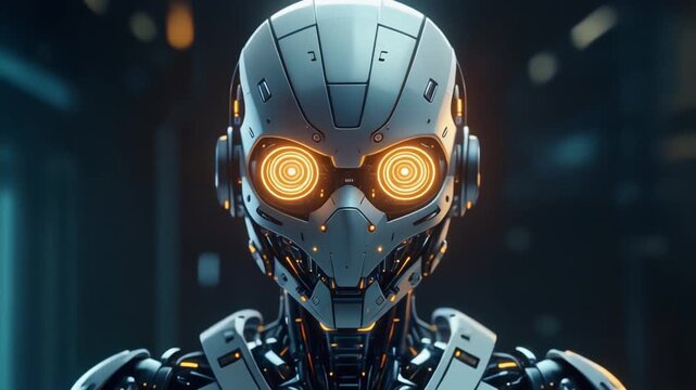 Humanoid robot with glowing orange eyes and metallic body in futuristic lab, symbolizing artificial intelligence, precision engineering, and technological advancement.