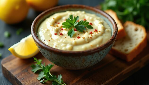 Creamy garlic aioli sauce in rustic bowl with fresh parsley garnish. Served with bread slices and lemon on wooden board. Delicious homemade dip.