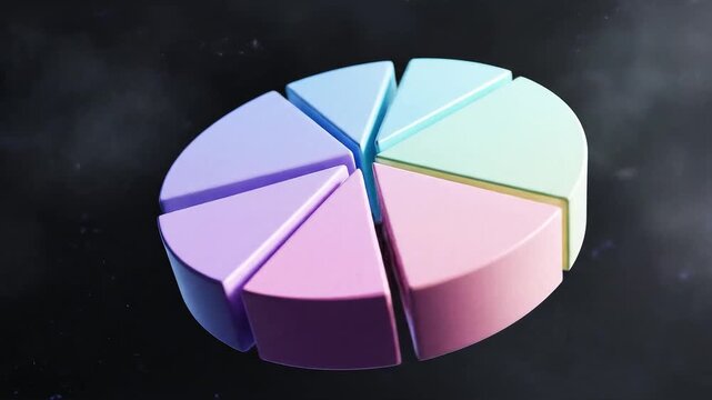 3d pie chart with seven glossy pastel-colored slices floating against a dark background, soft reflections and subtle depth
