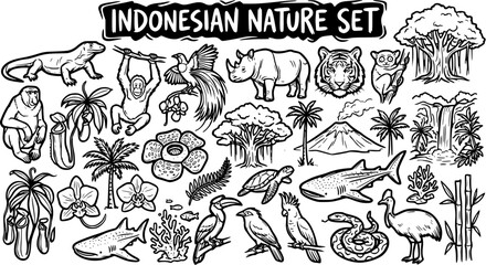 Indonesian Nature Set Black  White Line Art Icons: Wildlife Animals, Tropical Plants, and Landscape Features - Hand-drawn Doodle Collection © victoria