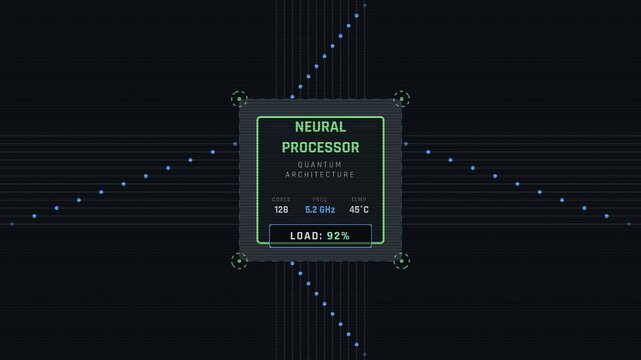 Futuristic digital interface displaying a neural processor with quantum architecture, illustrating advanced and complex data processing on a dark background