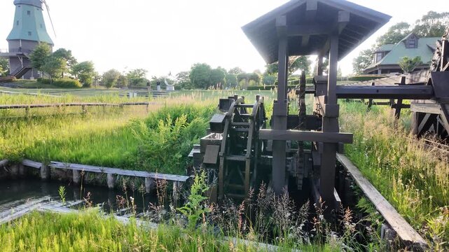 Slow motion wide shot of a traditional wooden water wheel and a Dutch windmill in Kasumigaura Sogo Park at dusk