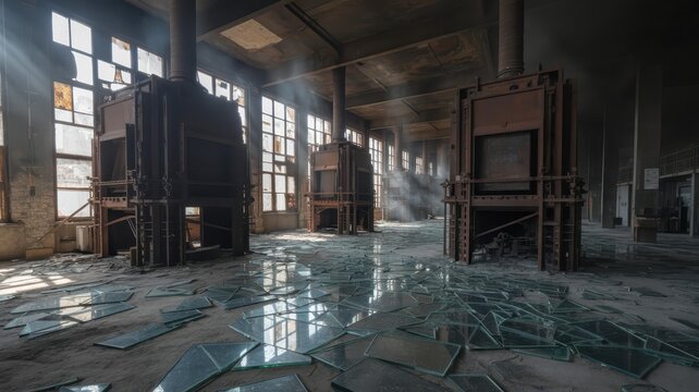 Abandoned industrial space with large equipment and shattered glass on the floor