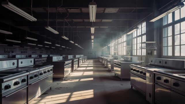Commercial Kitchen with Industrial Equipment and Large Windows in Daylight
