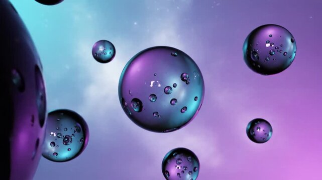 Floating translucent purple and teal spheres with small internal droplets against a soft gradient purple-blue background, dreamy abstract macro composition
