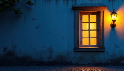 Fototapeta premium Old window glows warm yellow at night beside ornate lantern on textured blue wall. Cobblestone path reflects warm light. Tree branch hangs overhead. Wide copy space available.