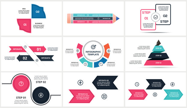 Set infographic with 2, 3, 4 steps, options, parts or processes. Business data visualization.