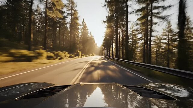 Dynamic POV from a sleek car speeding on a winding forest road at golden hour. Bright sun rays filter through towering trees, creating an exhilarating scenic drive.