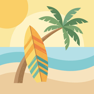 Surfboard standing on sandy beach shore.