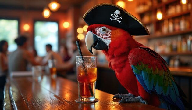 Red parrot in pirate hat sips iced drink at bar counter. People socialize in background. Tropical bird enjoys beverage and bar ambiance. Avian character at pub.
