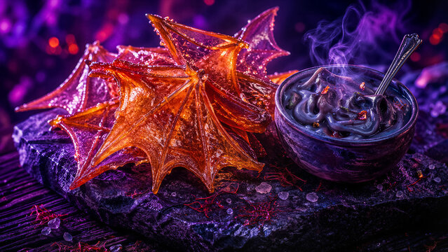 Amber Dragon Wings crispy orange snack with smoke, haute futuristic cuisine