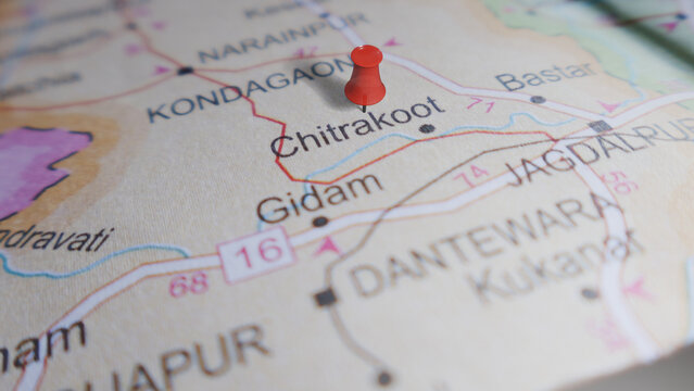 Red pushpin on map marking Chitrakoot, Chhattisgarh, India. Travel planning, destination, and exploration concept.