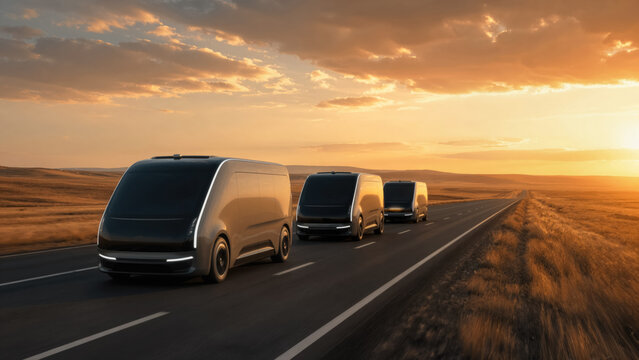 A fleet of autonomous vans traveling in a platoon on a straight prairie highway during golden hour with synchronized movement and futuristic look.