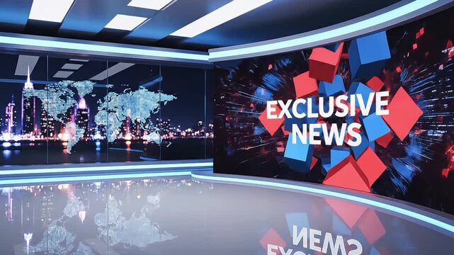 Exclusive News Studio: A modern news studio with a world map displayed on large screens, showcasing an EXCLUSIVE NEWS graphic amidst abstract cubes.