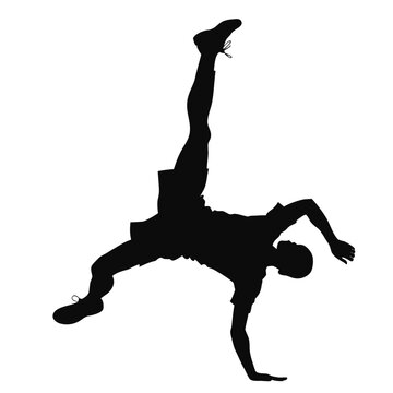 Black silhouette dancer, breakdancing man, dynamic pose, vector illustration