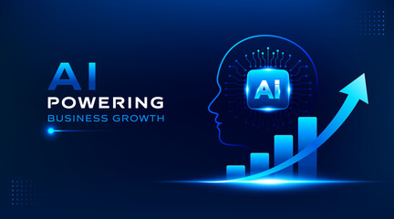 AI Powering Business Growth vector banner with glowing technology concept, futuristic blue background and growth arrow. Modern AI presentation template with digital head, analytics chart © StudioPixel2