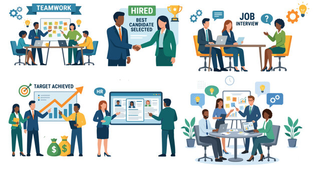 Professional Teamwork and Business Success Strategy Illustration Featuring Best Candidate Recruitment, Office Collaboration, Leadership, and Corporate Growth Planning Concepts