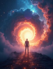 Fototapeta premium Man stands on rocky path facing cosmic portal. Swirling nebula in orange purple blue glows bright, representing journey, mystery, hope, and future.