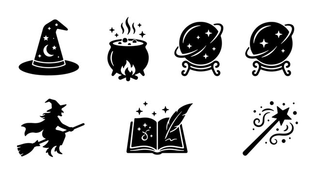 Mystical Magic Icons Set: Witch Hat, Cauldron, Crystal Ball, Flying Witch, Spellbook, Wand, Enchantment Symbols, Fantasy Vector Graphics