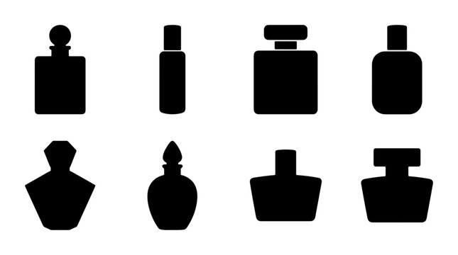 Collection of eight black perfume bottle silhouettes, elegant fragrance containers, cosmetic packaging icons, beauty product design elements, modern minimalist vector art for branding and