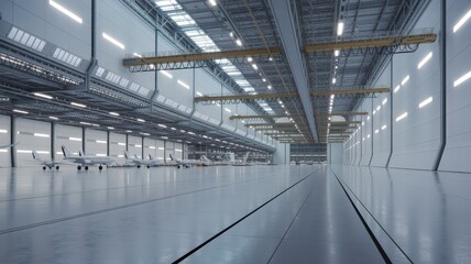 Fototapeta premium Modern Aerospace Manufacturing Hangar Interior with High Ceilings and Overhead Crane Equipment