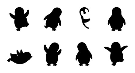 Cute Penguin Silhouettes, Adorable Arctic Animal Vector Icons, Playful Bird Character Graphics, Set of 8 Black and White Illustrations © Fatema