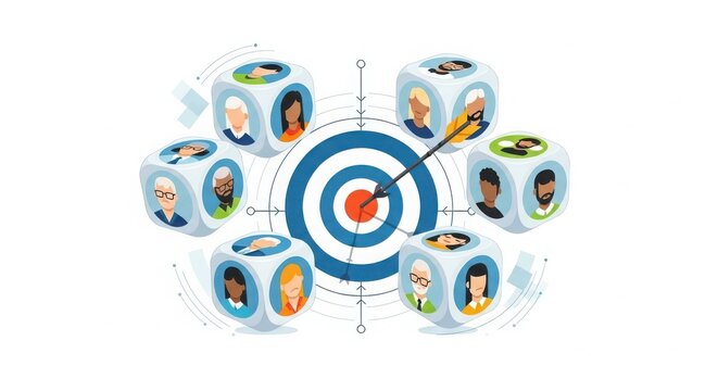 Diverse team members targeting central goal with bullseye