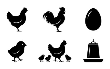 Farm Animal Icons: Rooster, Hen, Chick, Egg, and Feeder Silhouettes for Poultry and Agriculture Concepts © Hasan