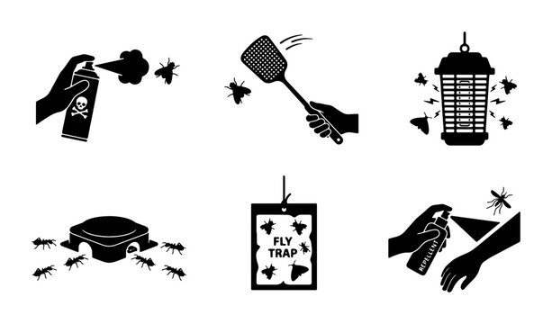 Pest Control Icons: Insecticide Spray, Fly Swatter, Electric Bug Zapper, Ant Bait Station, Fly Paper Trap, Personal Insect Repellent Vector Set