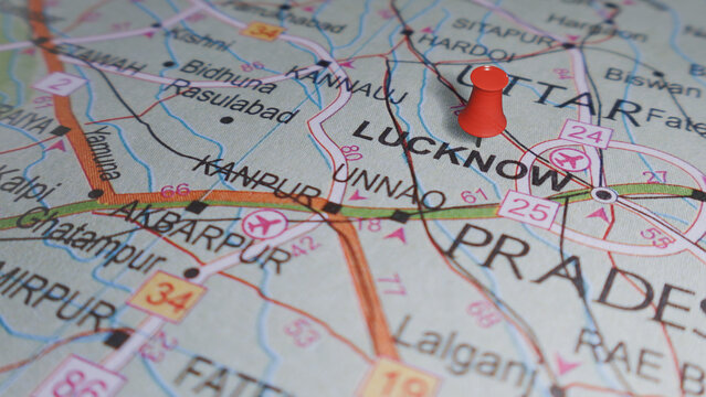 Red pushpin on Uttar Pradesh map, highlighting Lucknow, India. Perfect for travel, business, and geography themes.