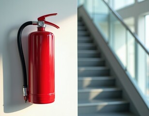 Obraz premium Red fire extinguisher mounted on wall next to modern building emergency stairs. Fire safety equipment near escape route. Building fire prevention device ready for use.