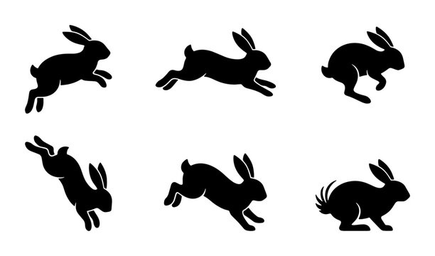 Six Silhouette Rabbit Icons, Bunny Motion Sequence Vector Graphics, Spring Hare Animal Poses, Black and White Wildlife Collection
