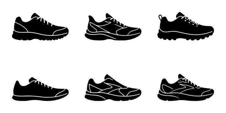 Six Black Silhouette Running Shoes, Athletic Footwear Collection, Sport Sneakers Vector Icons, Active Lifestyle Gear, Fitness Training Shoes, Casual Wear