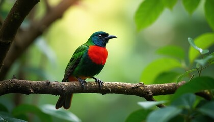 Obraz premium Small colorful bird with red chest sits on tree branch. Green jungle background with soft light. Tiny avian creature in its natural forest habitat.