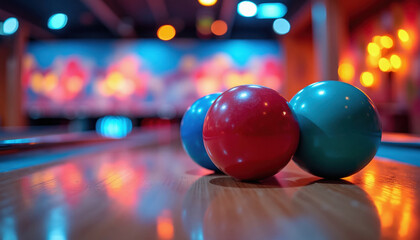 Naklejka premium Three colorful bowling balls sit on a wooden lane in a bowling alley. Vibrant lights create a fun, energetic atmosphere. Ready for a game or friendly competition.