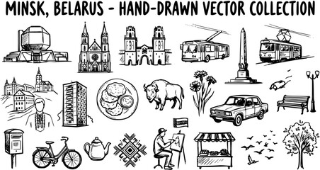 Obraz premium Minsk Belarus Hand-Drawn Vector Collection: Architecture, Transportation, People, Objects, Nature - Line Art Style